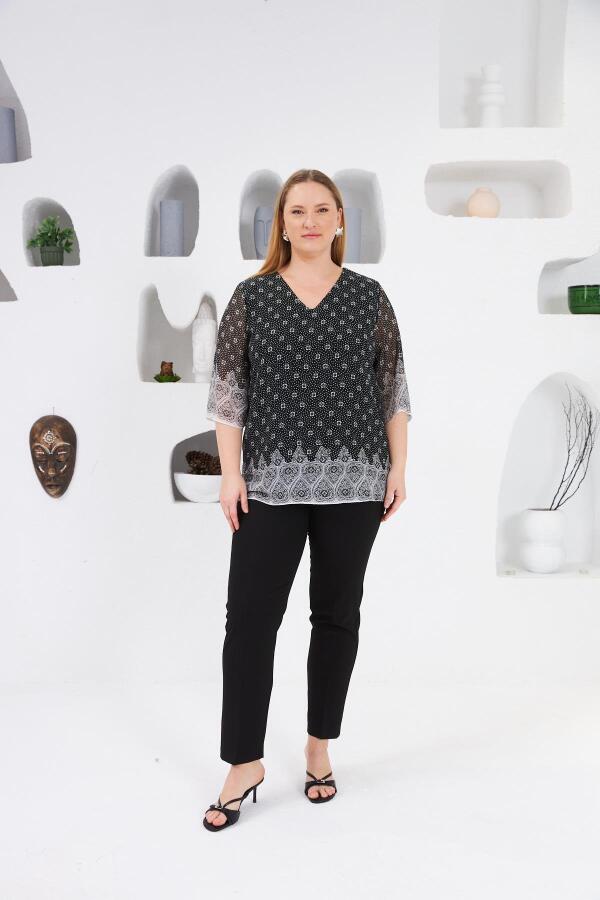 Desenli Büyük Beden İçi Astarlı Bluz Siyah - 4