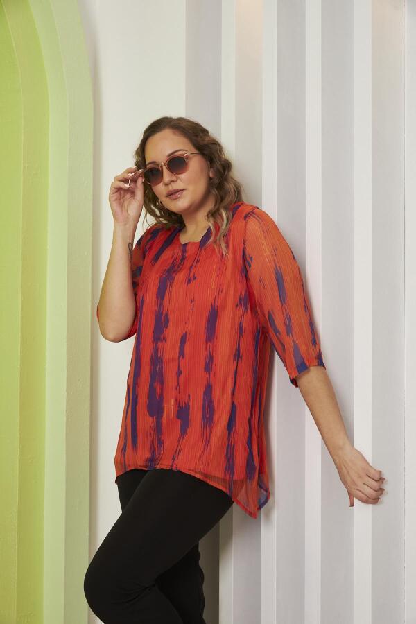 Desenli Büyük Beden Oranj Şifon Bluz - 3