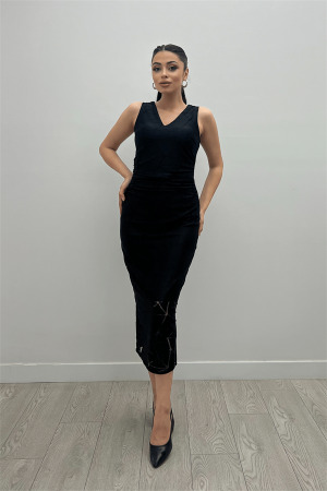 Desenli Dantel Kumaş Kalem Elbise - SİYAH - Angelino Moda