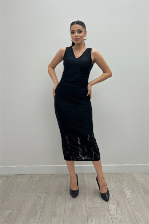 Desenli Dantel Kumaş Kalem Elbise - SİYAH - Angelino Moda (1)