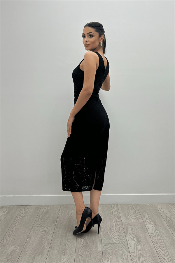 Desenli Dantel Kumaş Kalem Elbise - SİYAH - 5