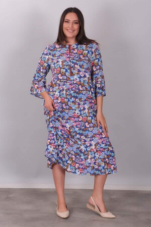 Desenli Fırfırlı İndigo Elbise - 1