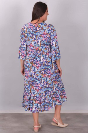 Desenli Fırfırlı İndigo Elbise - 4