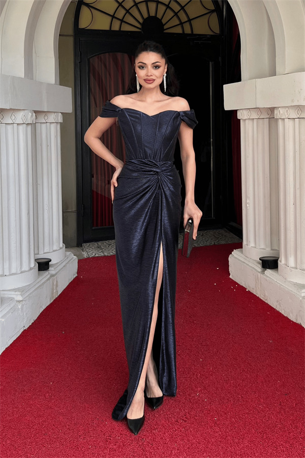 Desenli Parlak Kumaş Korse Detaylı Balık Elbise - LACİVERT - 1