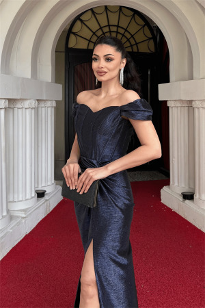 Desenli Parlak Kumaş Korse Detaylı Balık Elbise - LACİVERT - 3