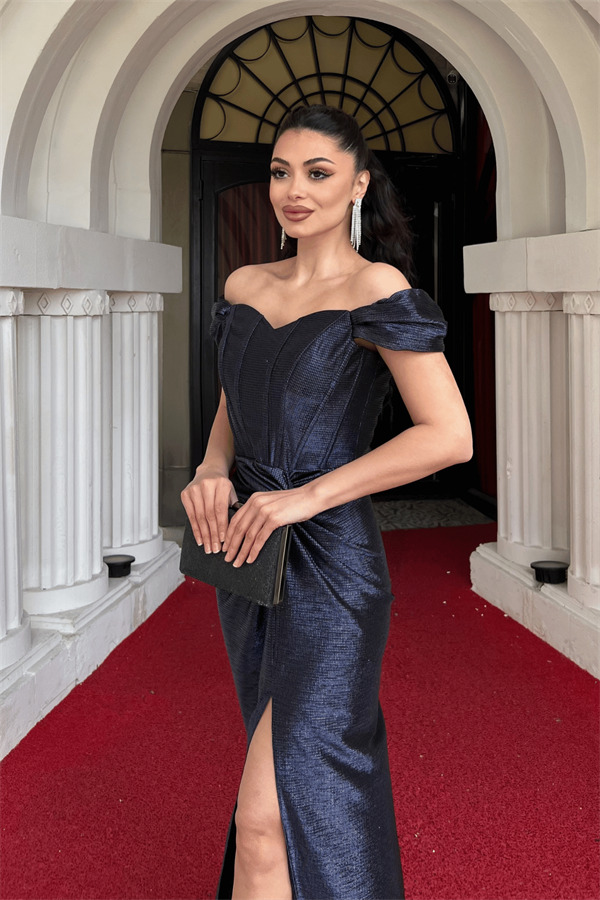 Desenli Parlak Kumaş Korse Detaylı Balık Elbise - LACİVERT - 3