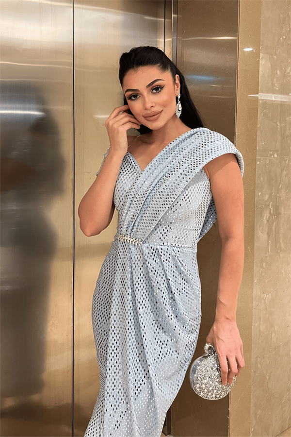 Desenli Payet Kumaş Tasarım Elbise - BEBE MAVİSİ - 3