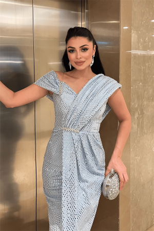 Desenli Payet Kumaş Tasarım Elbise - BEBE MAVİSİ - 4