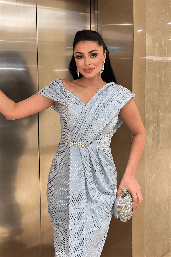 Desenli Payet Kumaş Tasarım Elbise - BEBE MAVİSİ - 4