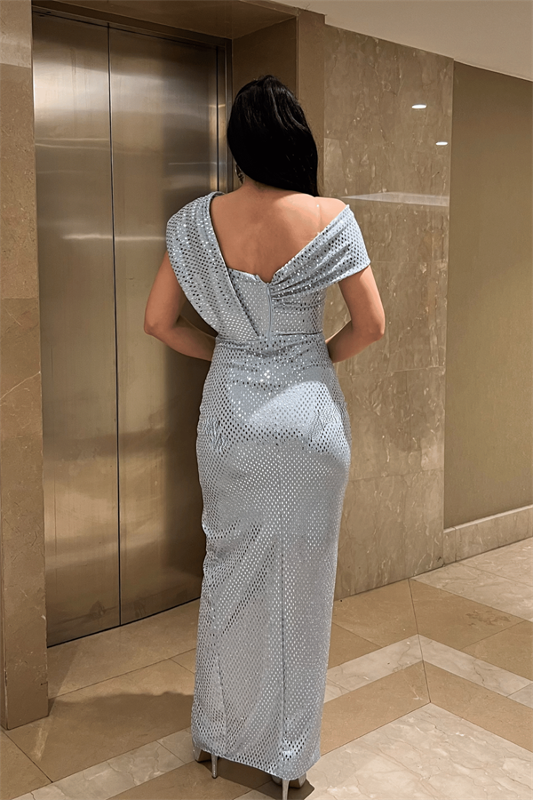 Desenli Payet Kumaş Tasarım Elbise - BEBE MAVİSİ - 5