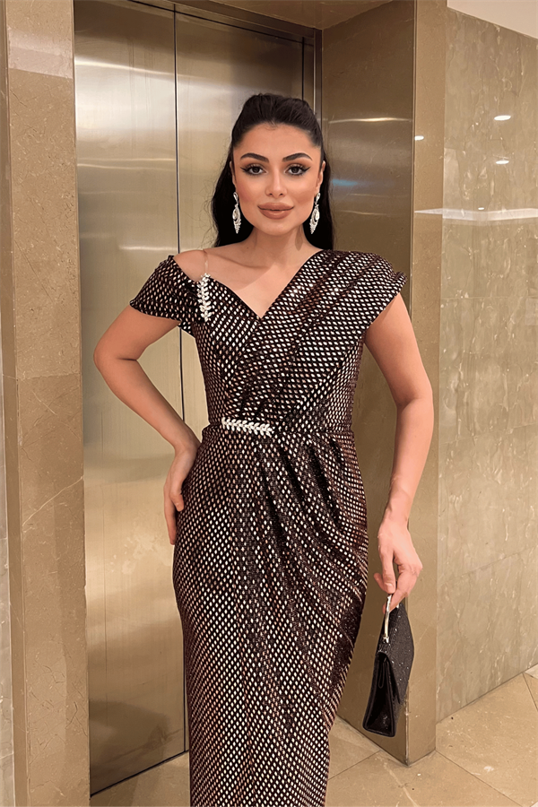 Desenli Payet Kumaş Tasarım Elbise - BRONZ - 3