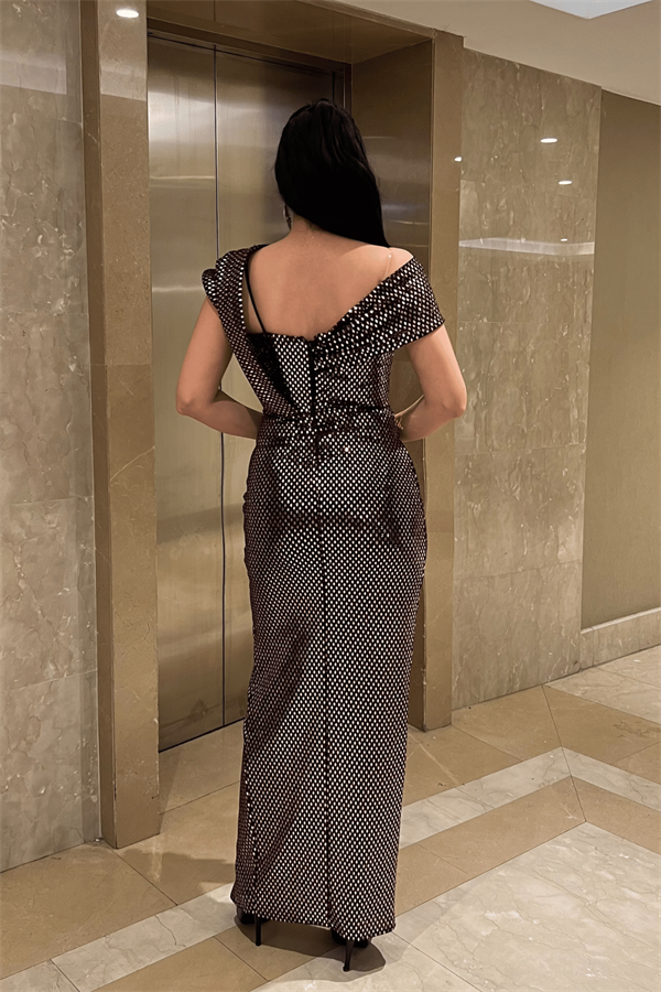 Desenli Payet Kumaş Tasarım Elbise - BRONZ - 5