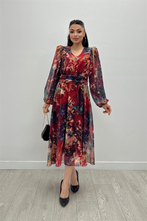 Desenli Sifon Kumaş Beli Lastikli Midi Elbise - KIRMIZI - 1