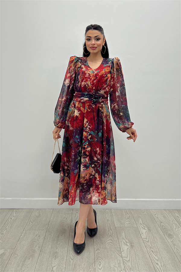Desenli Sifon Kumaş Beli Lastikli Midi Elbise - KIRMIZI - 1