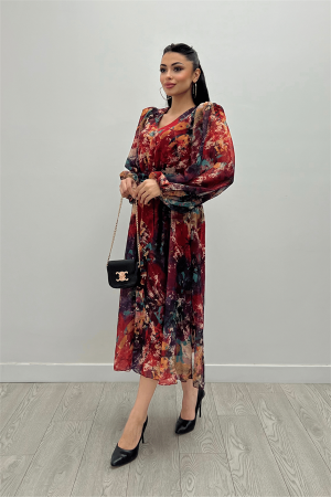 Desenli Sifon Kumaş Beli Lastikli Midi Elbise - KIRMIZI - 2
