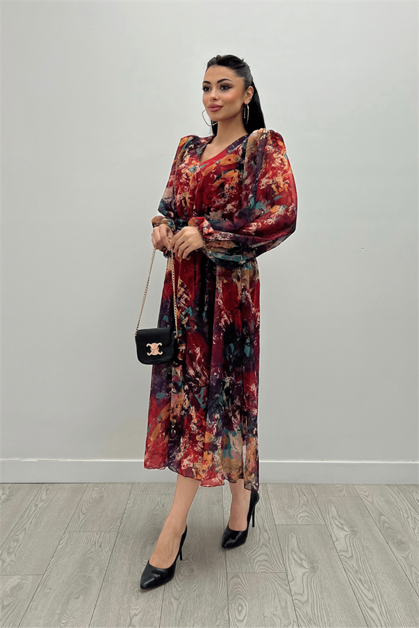 Desenli Sifon Kumaş Beli Lastikli Midi Elbise - KIRMIZI - 2