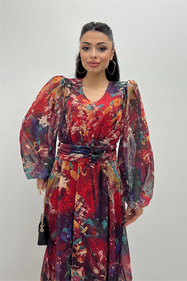 Desenli Sifon Kumaş Beli Lastikli Midi Elbise - KIRMIZI - 3