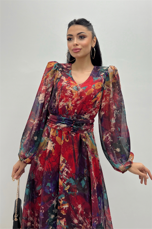 Desenli Sifon Kumaş Beli Lastikli Midi Elbise - KIRMIZI - 4
