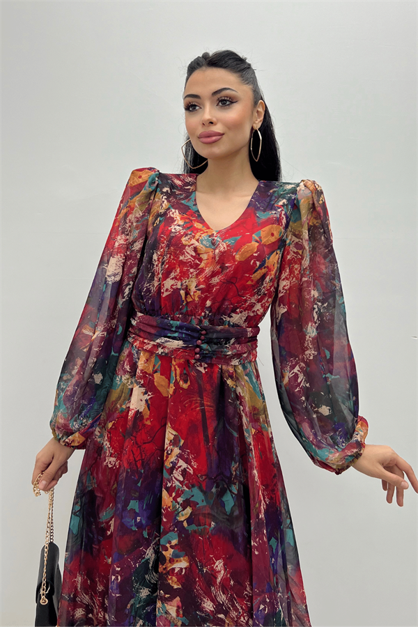 Desenli Sifon Kumaş Beli Lastikli Midi Elbise - KIRMIZI - 4