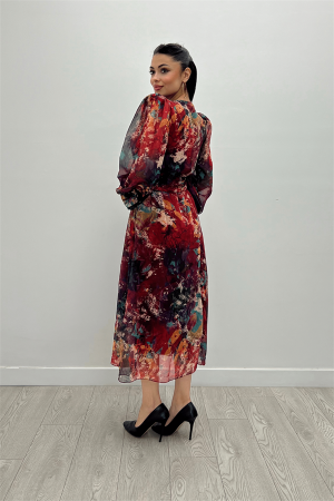 Desenli Sifon Kumaş Beli Lastikli Midi Elbise - KIRMIZI - 5