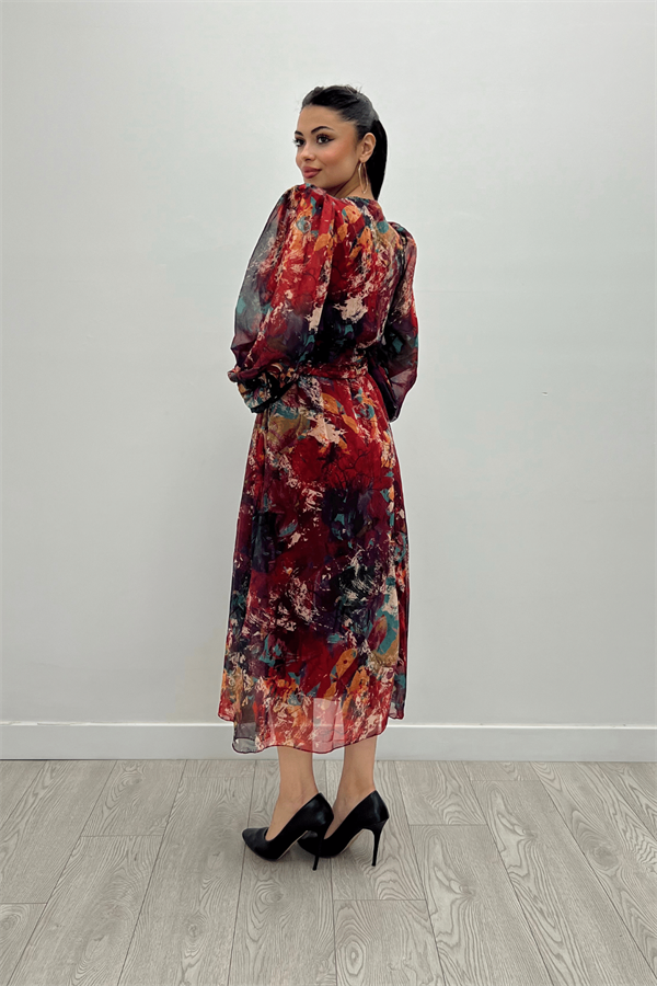 Desenli Sifon Kumaş Beli Lastikli Midi Elbise - KIRMIZI - 5