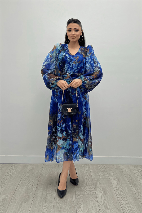 Desenli Sifon Kumaş Beli Lastikli Midi Elbise - SAX MAVİ - 2