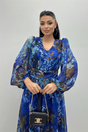 Desenli Sifon Kumaş Beli Lastikli Midi Elbise - SAX MAVİ - 3