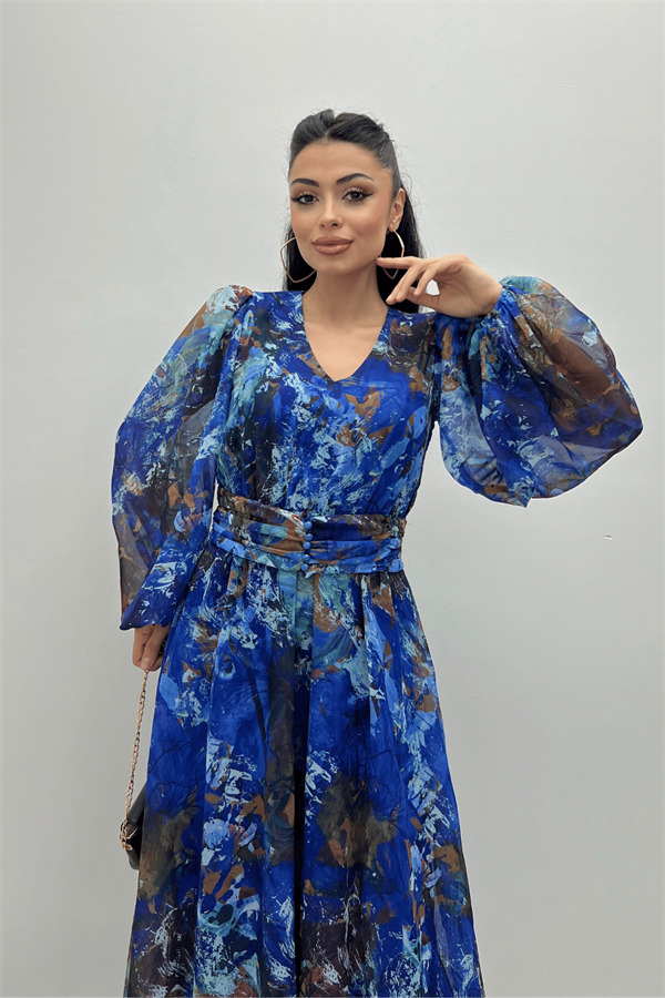 Desenli Sifon Kumaş Beli Lastikli Midi Elbise - SAX MAVİ - 4
