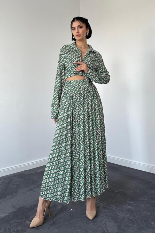 Desenli Viskon Gömlek Ve Etek Takım - Yeşil - 1