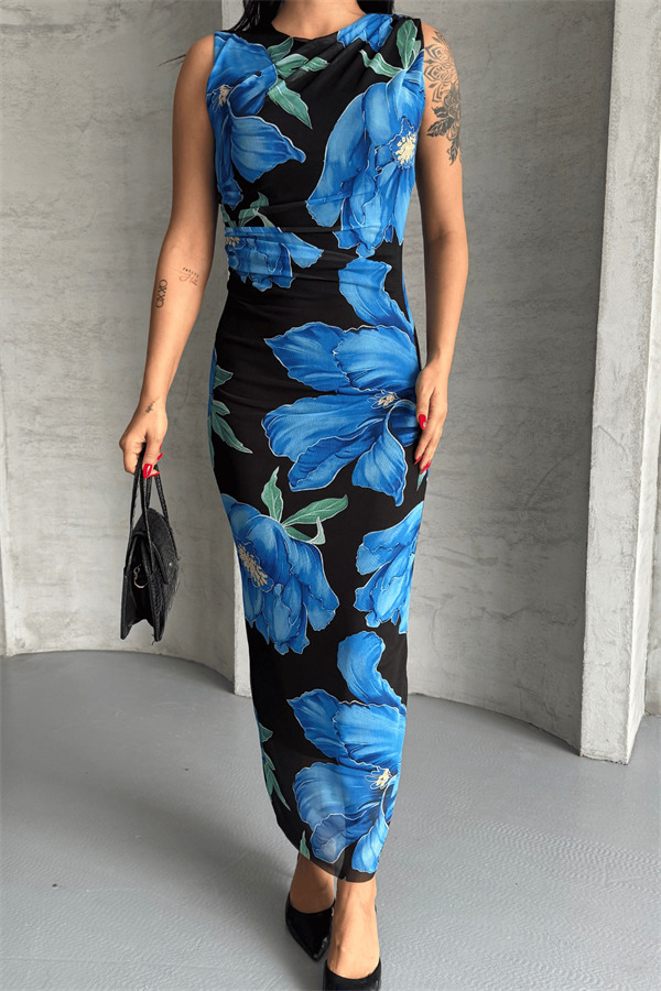 Dijital Baskı Tül Elbise - MAVİ - 3