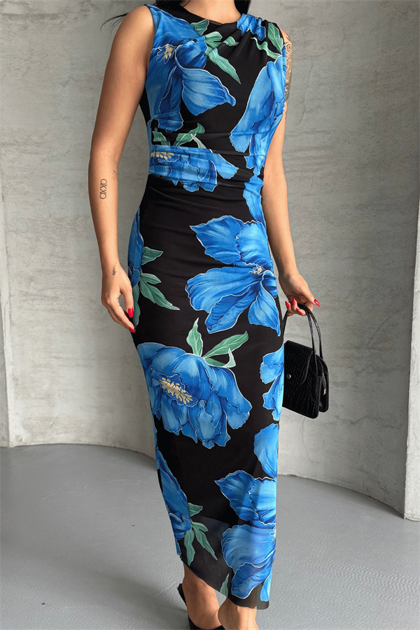 Dijital Baskı Tül Elbise - MAVİ - 4