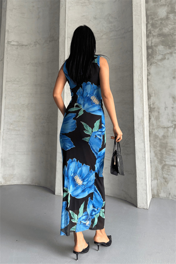 Dijital Baskı Tül Elbise - MAVİ - 5