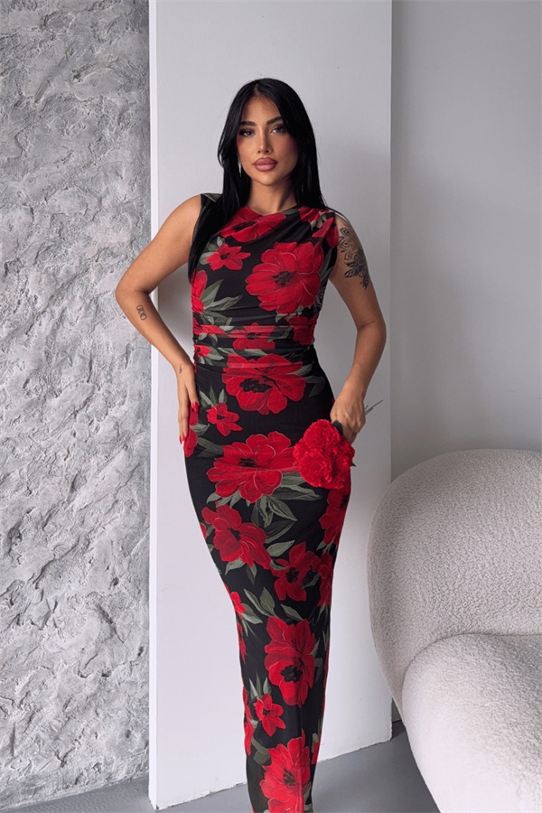 Dijital Baskı Tül Elbise - SİYAH KIRMIZI - 1