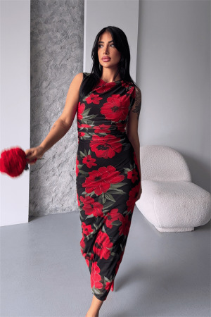 Dijital Baskı Tül Elbise - SİYAH KIRMIZI - Angelino Moda (1)