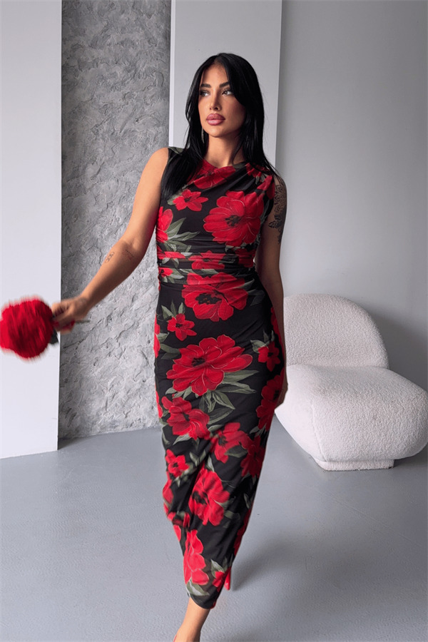 Dijital Baskı Tül Elbise - SİYAH KIRMIZI - 2