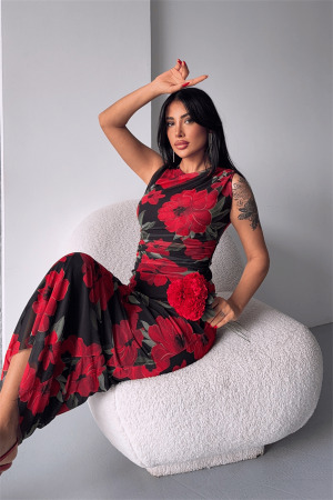 Dijital Baskı Tül Elbise - SİYAH KIRMIZI - 3