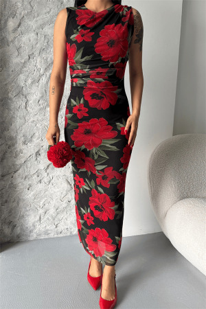 Dijital Baskı Tül Elbise - SİYAH KIRMIZI - 4