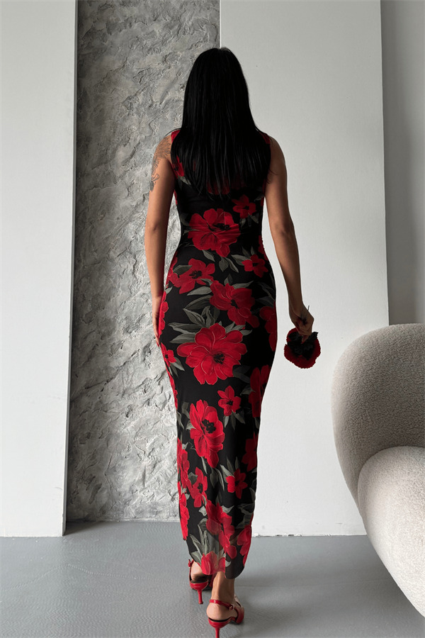 Dijital Baskı Tül Elbise - SİYAH KIRMIZI - 5