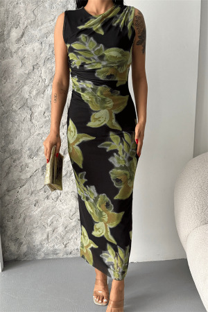 Dijital Baskı Tül Elbise - YEŞİL/SİYAH - 4