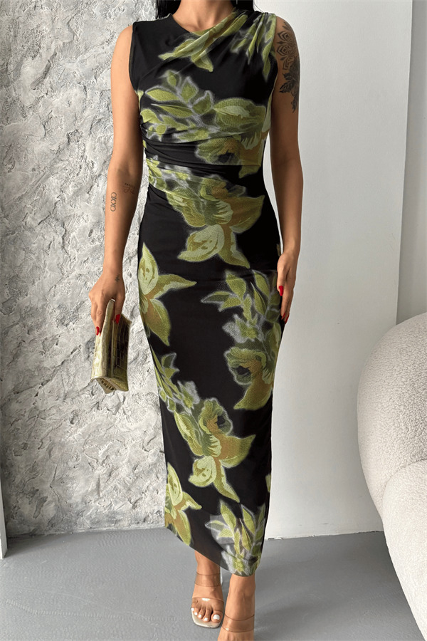 Dijital Baskı Tül Elbise - YEŞİL/SİYAH - 4