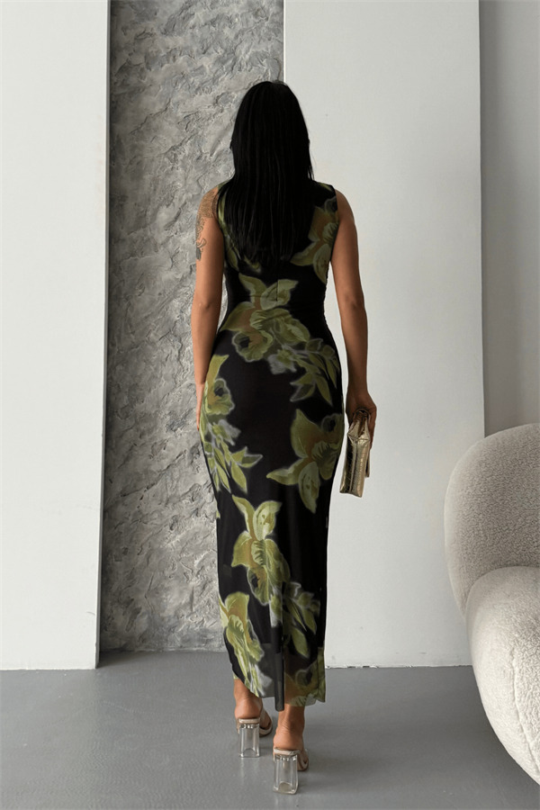 Dijital Baskı Tül Elbise - YEŞİL/SİYAH - 5