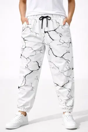 Dijital Baskılı Eşofman Altı Kışlık Üç İplik Şardonlu Kumaş Lastikli Paça, Cepli, Rahat Kalıp - Beyaz - ANGELINO BuyukBedeniz (1)