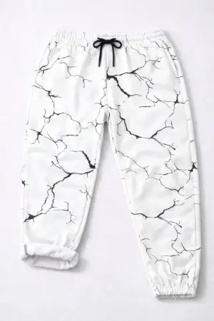 Dijital Baskılı Eşofman Altı Kışlık Üç İplik Şardonlu Kumaş Lastikli Paça, Cepli, Rahat Kalıp - Beyaz - 3