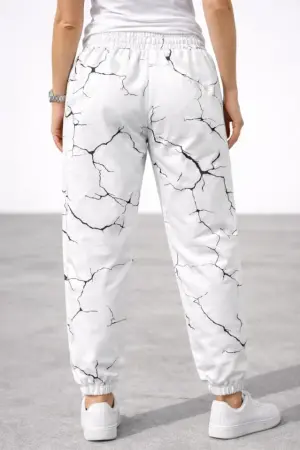 Dijital Baskılı Eşofman Altı Kışlık Üç İplik Şardonlu Kumaş Lastikli Paça, Cepli, Rahat Kalıp - Beyaz - 4