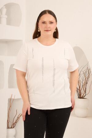 Dikey Taş Baskıl Kadın Büyük Beden Tişört Ekru - RMG