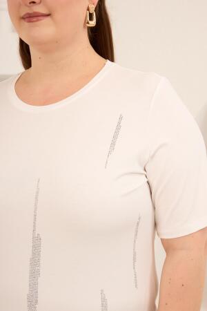Dikey Taş Baskıl Kadın Büyük Beden Tişört Ekru - 3