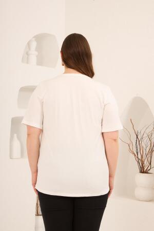 Dikey Taş Baskıl Kadın Büyük Beden Tişört Ekru - 4