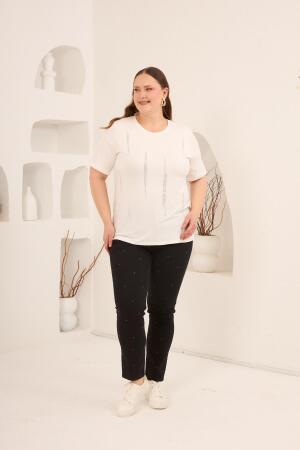 Dikey Taş Baskıl Kadın Büyük Beden Tişört Ekru - 5