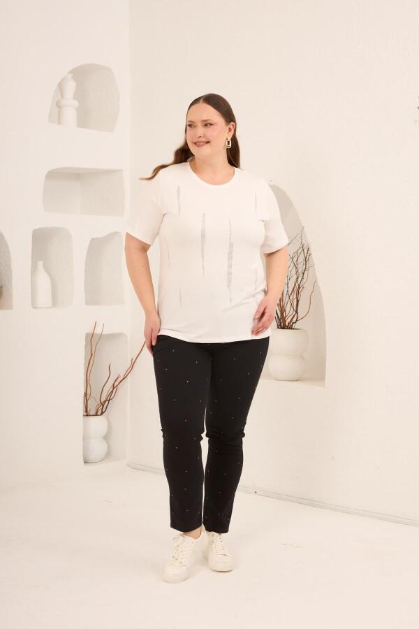 Dikey Taş Baskıl Kadın Büyük Beden Tişört Ekru - 5