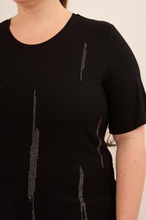 Dikey Taş Baskıl Kadın Büyük Beden Tişört Siyah - RMG (1)